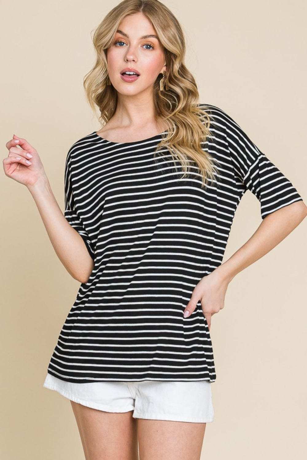 BOMBOM Striped Round Neck T-Shirt - Trendsi - Flyclothing LLC