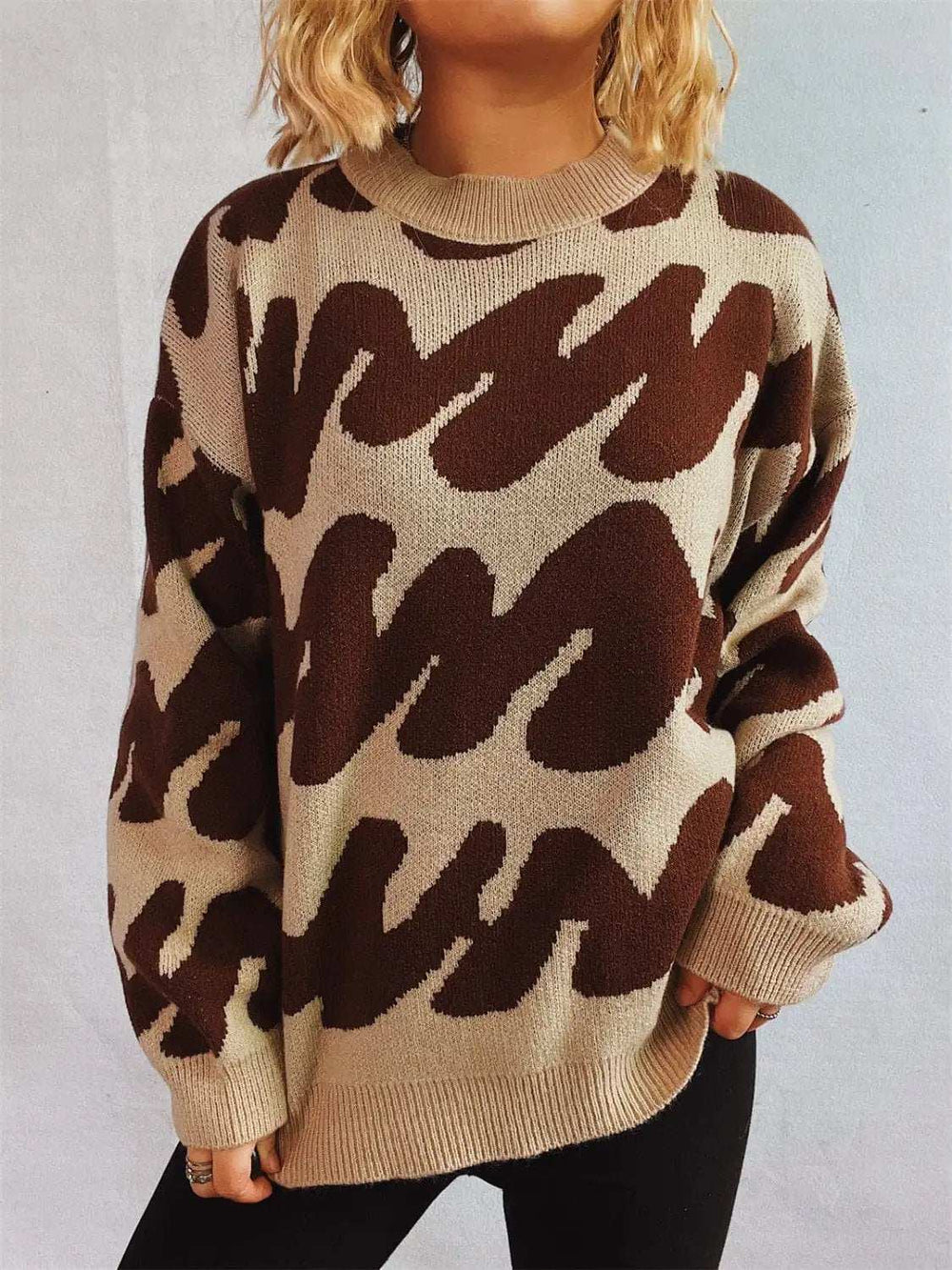 Contrast Round Neck Long Sleeve Sweater - Trendsi - Flyclothing LLC