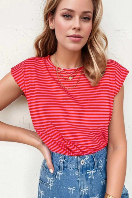 Stripe Ribbed Cap Sleeve Round Neck T Shirt - Trendsi - Flyclothing LLC