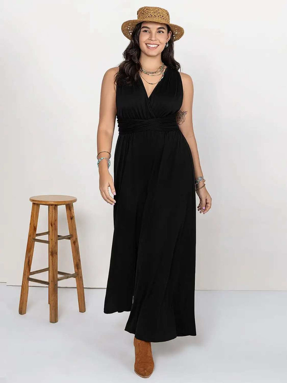 Plus Size V-Neck Wide Leg Jumpsuit - Trendsi - Flyclothing LLC