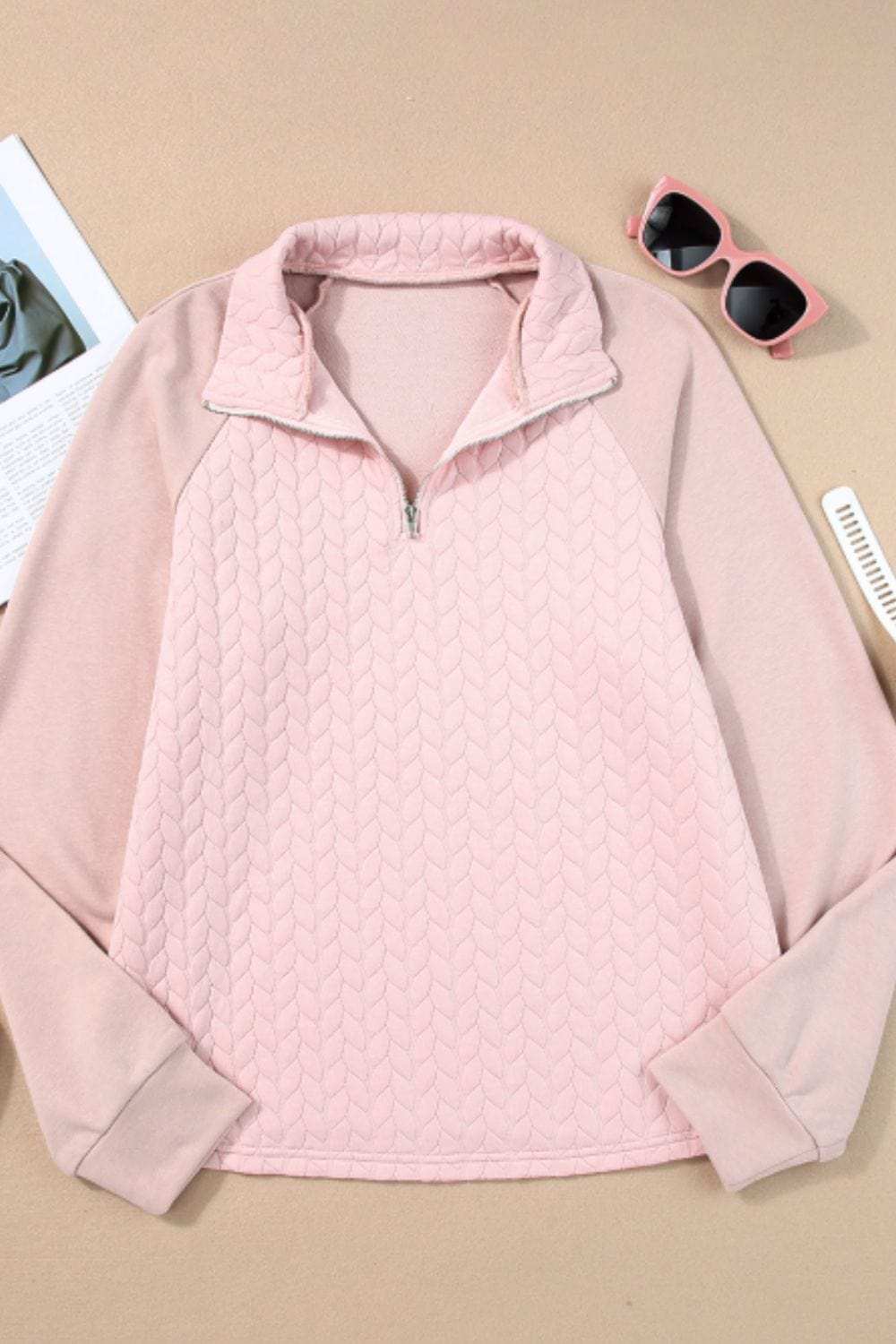 Textured Quarter Zip Long Sleeve Sweatshirt - Trendsi - Flyclothing LLC