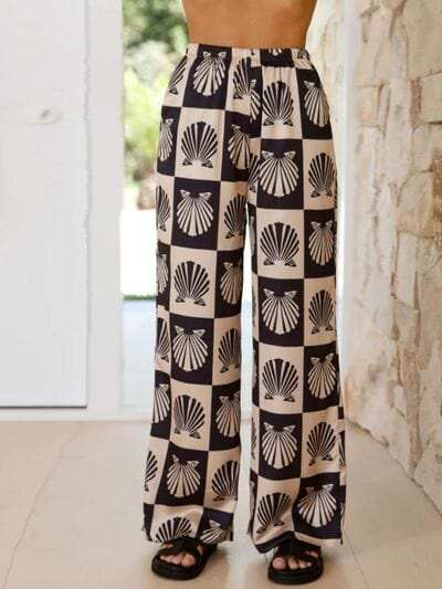 Printed Collared Neck Top and Wide Leg Pants Set - Trendsi - Flyclothing LLC