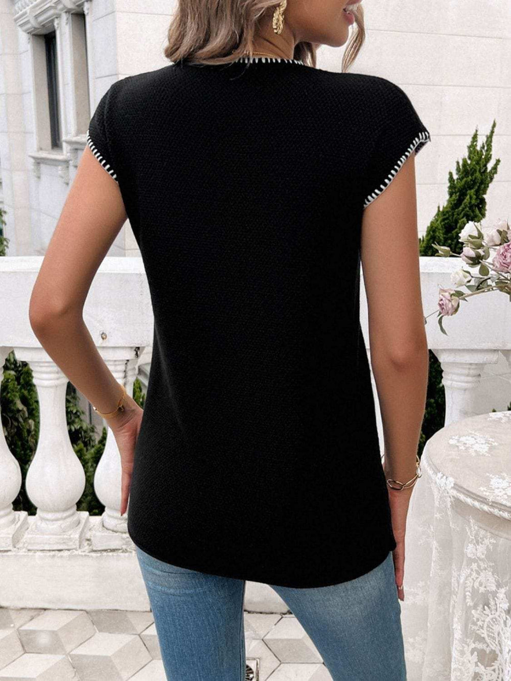 Round Neck Cap Sleeve Knit Top - Trendsi - Flyclothing LLC