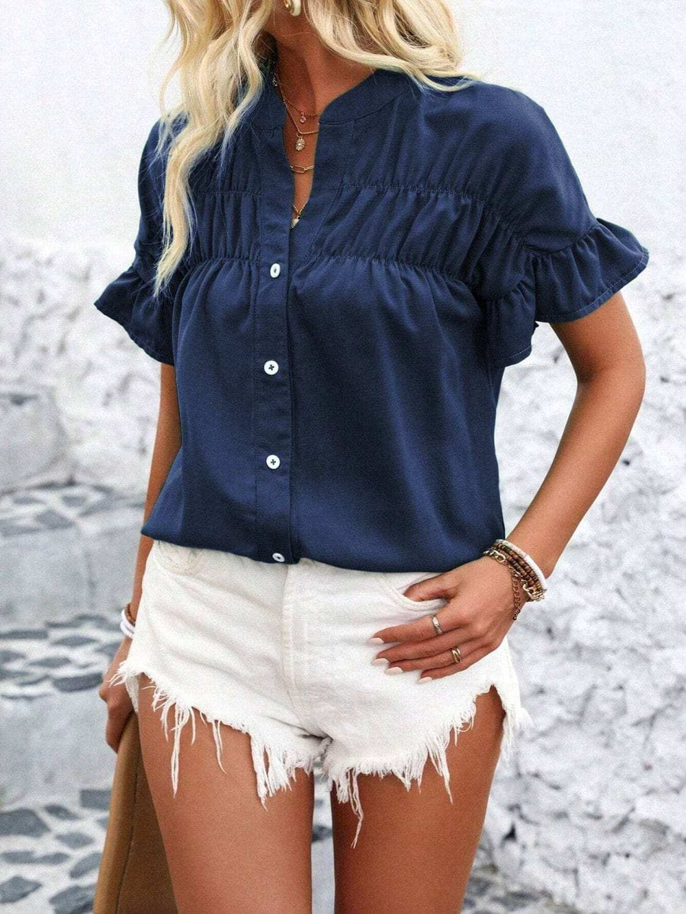 Button Down Ruffled Short Sleeve Shirt - Trendsi - Flyclothing LLC
