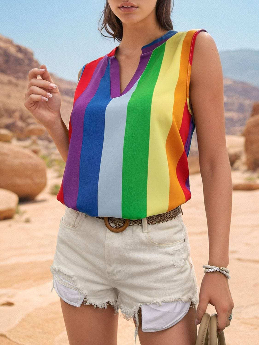 Color Block Notched Sleeveless Top - Trendsi - Flyclothing LLC