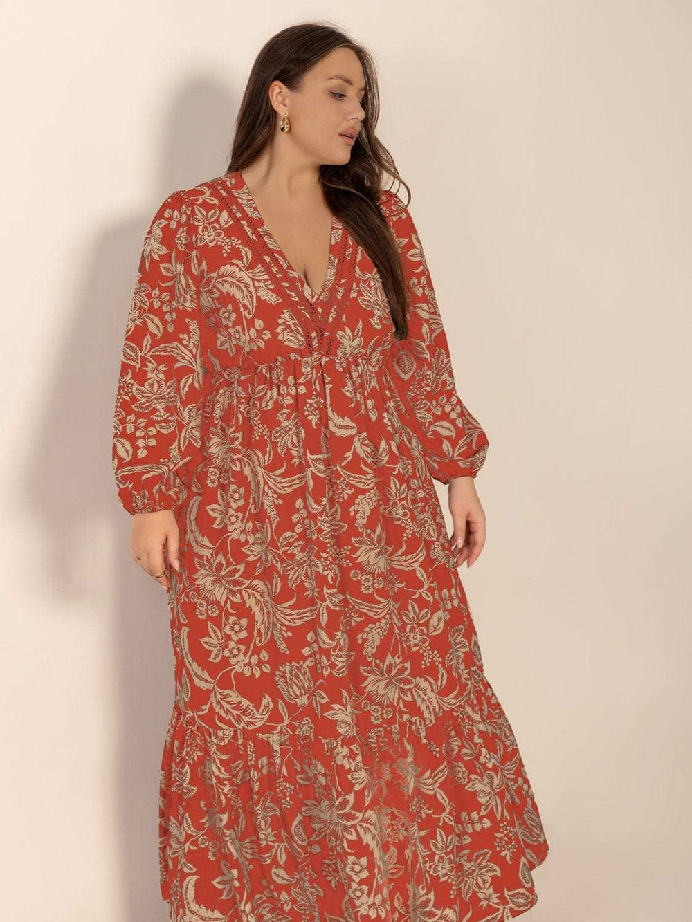 Plus Size Lace Detail Printed Balloon Sleeve Midi Dress - Trendsi - Flyclothing LLC