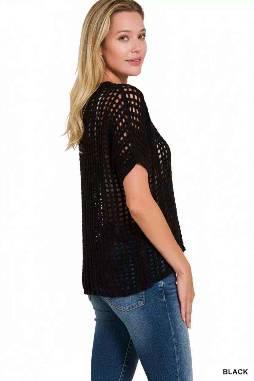 Zenana Fish Net Short Sleeve Crochet Knit Cover Up - Trendsi - Flyclothing LLC