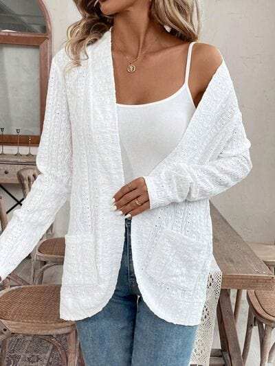 Pocketed Eyelet Open Front Cover Up - Trendsi - Flyclothing LLC