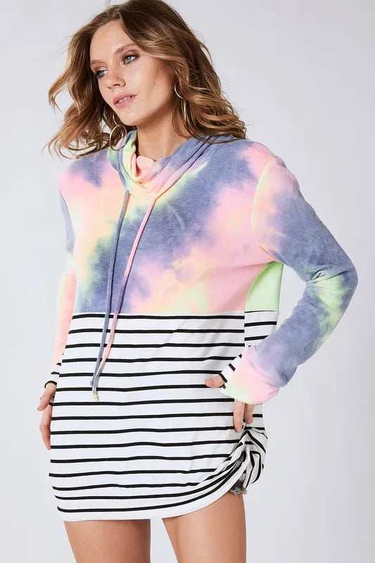 BiBi Tie Dye French Terry Cowl Neck Top - Trendsi - Flyclothing LLC