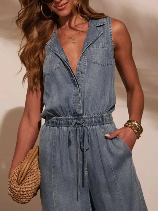 Sleeveless Drawstring Waist Washed Denim Jumpsuit - Trendsi - Flyclothing LLC