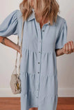 Button Up Puff Sleeve Tiered Shirt Dress - Trendsi - Flyclothing LLC