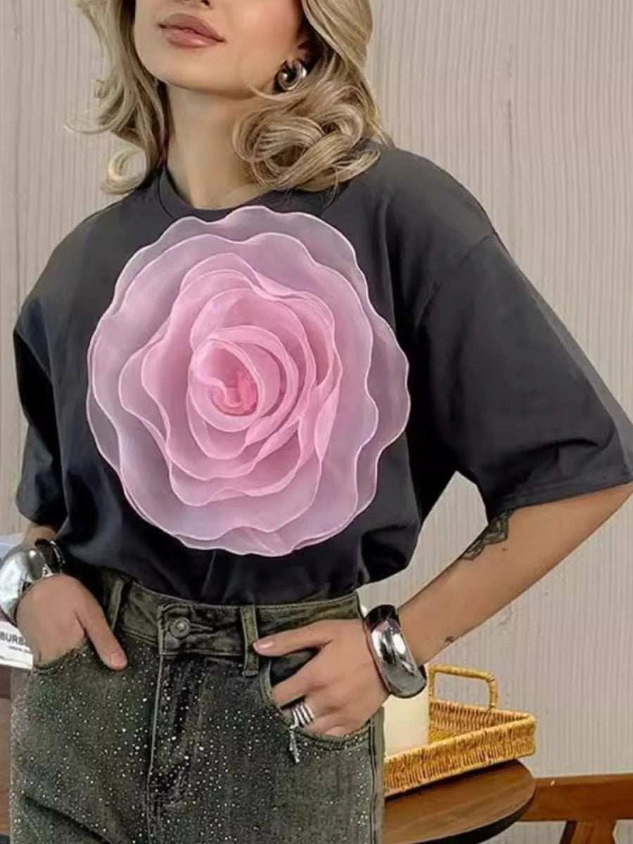Flower Round Neck Short Sleeve T-Shirt - Trendsi - Flyclothing LLC