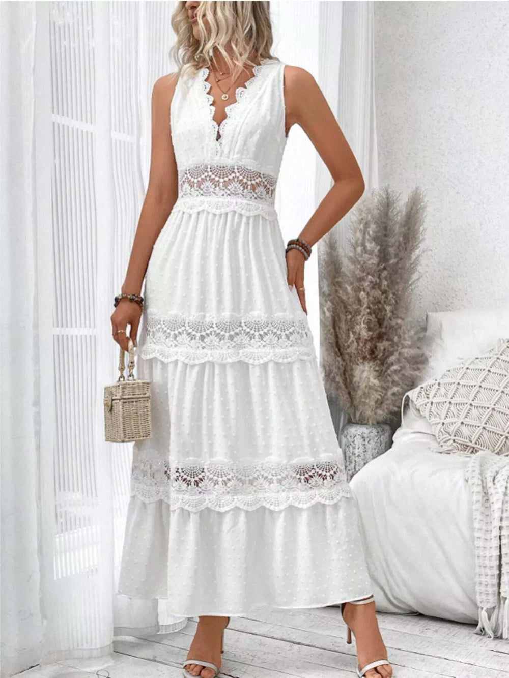 Full Size Lace Detail Tie Back Sleeveless Tiered Dress Plus Size - Trendsi - Flyclothing LLC