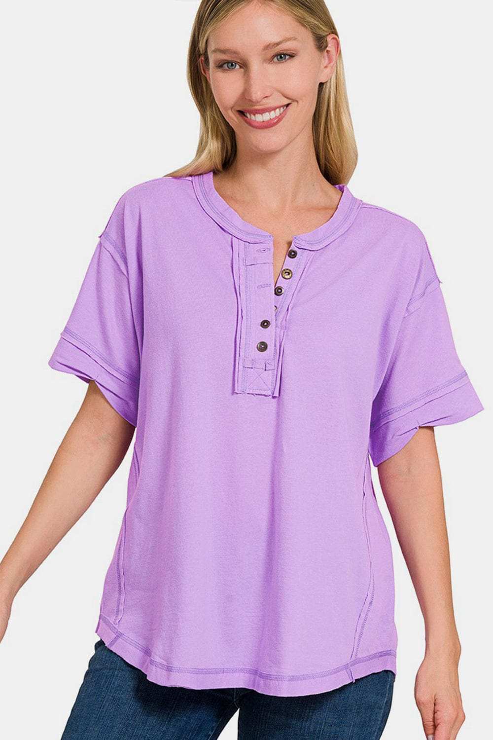 Zenana Exposed Seam Half Button Short Sleeve Top - Trendsi - Flyclothing LLC