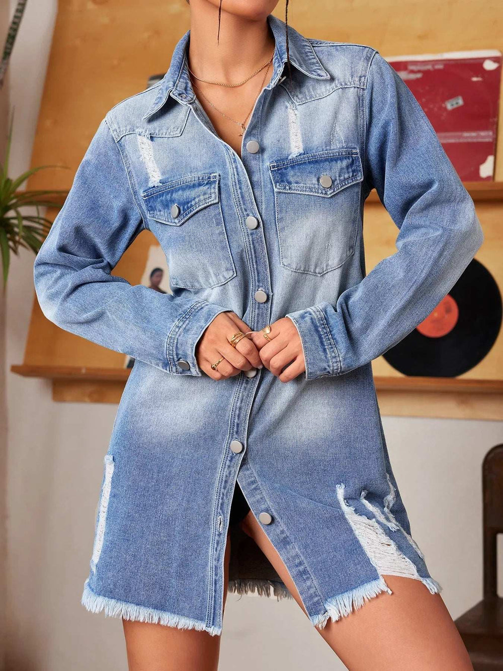 Distressed Raw Hem Denim Mini Dress - Trendsi - Flyclothing LLC