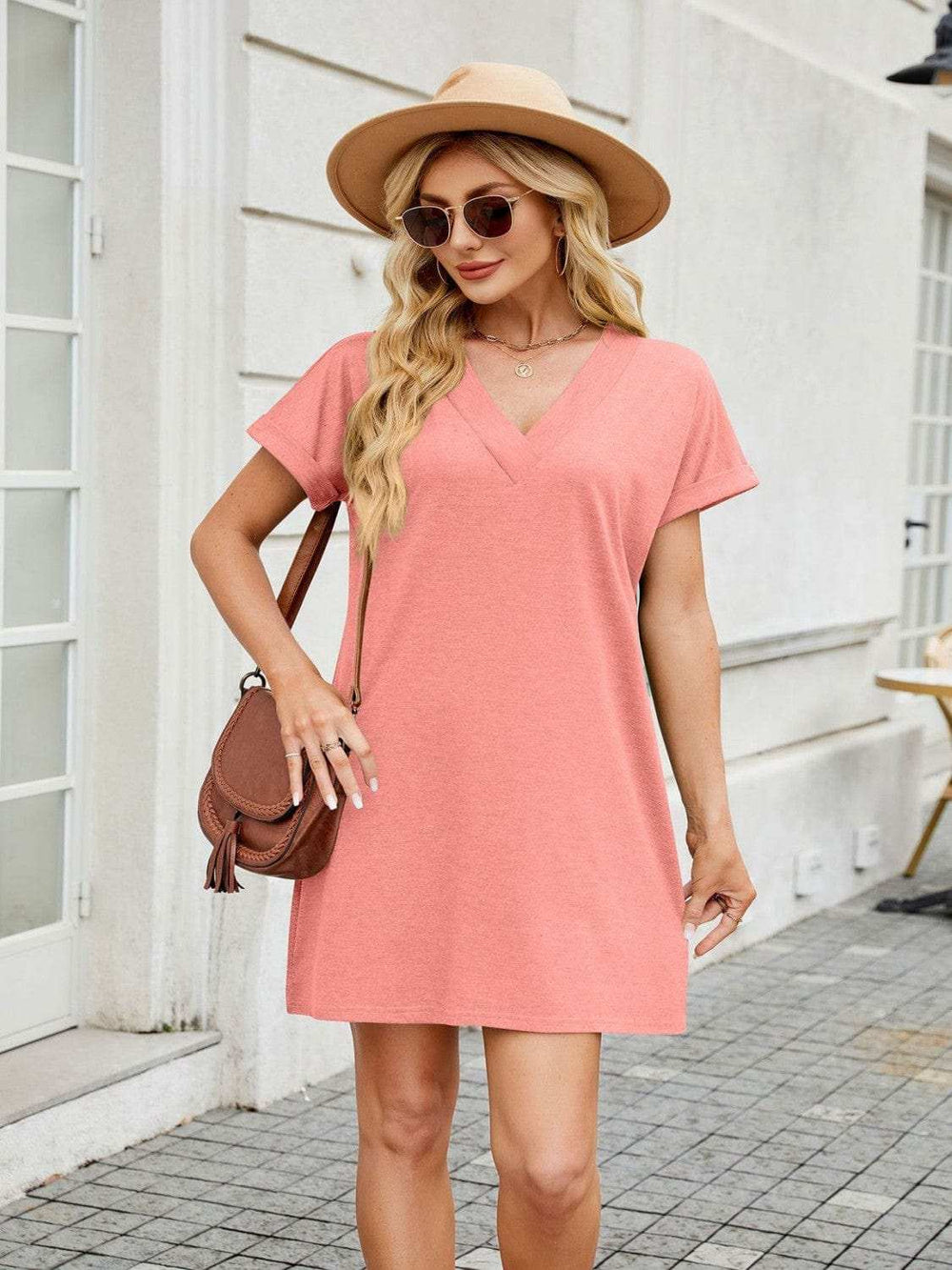 V-Neck Short Sleeve Mini Tee Dress - Trendsi - Flyclothing LLC