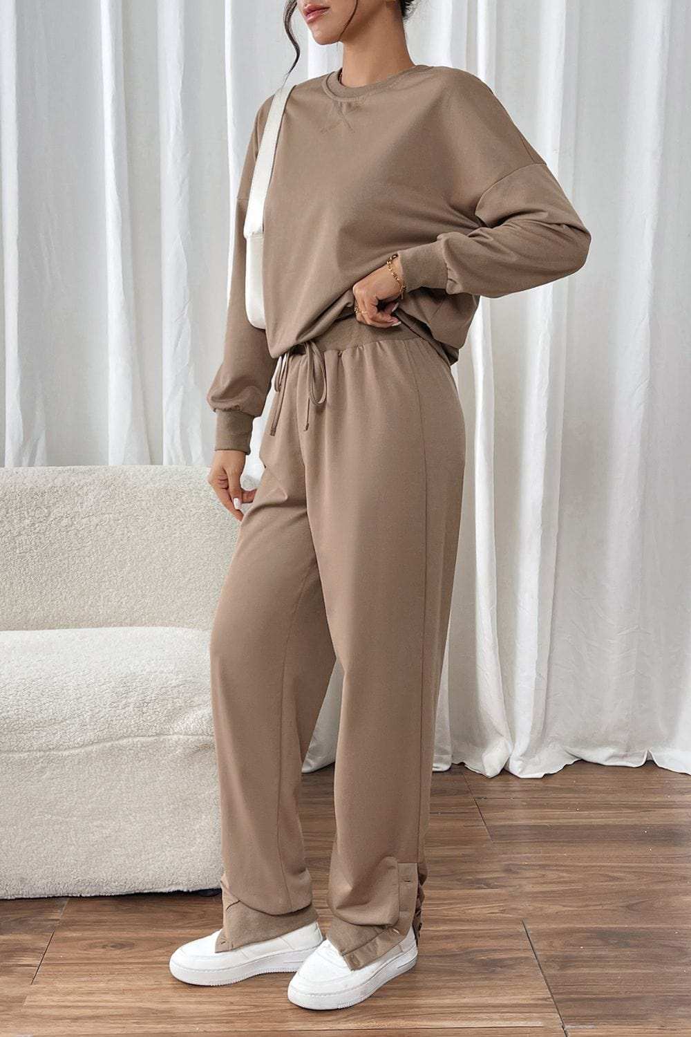 Perfee Round Neck Long Sleeve Top and Pants Set - Trendsi - Flyclothing LLC