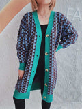 Contrast Trim Geometric Button Down Cardigan - Trendsi - Flyclothing LLC