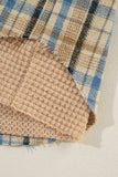Drawstring Waffle Knit Patchwork Hooded Plaid Shacket - Trendsi - Flyclothing LLC