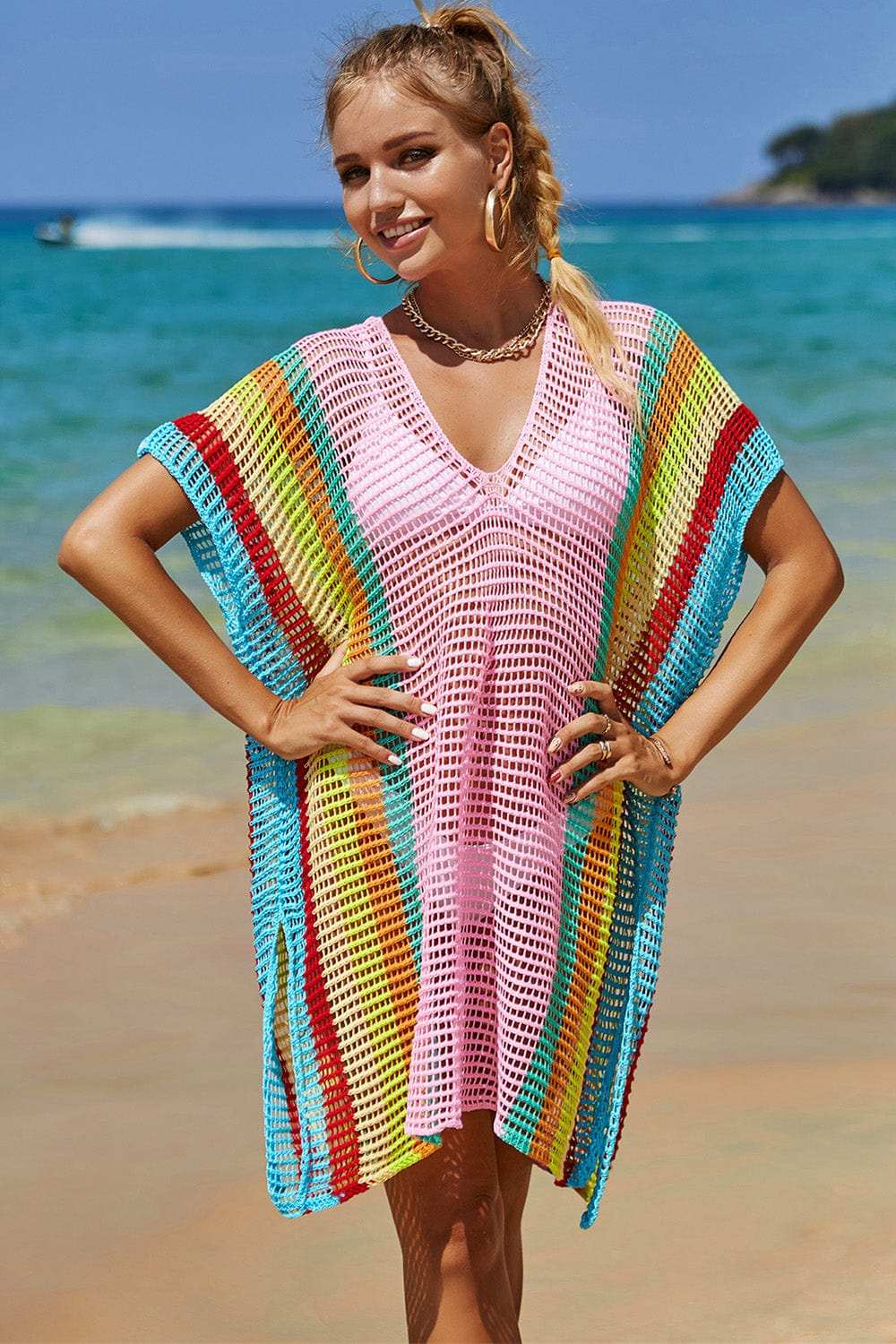 Double Take Openwork Striped Slit Knit Cover Up - Trendsi - Flyclothing LLC