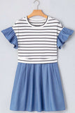 Stripe Ruffle Denim Patchwork Round Neck Mini Dress - Trendsi - Flyclothing LLC