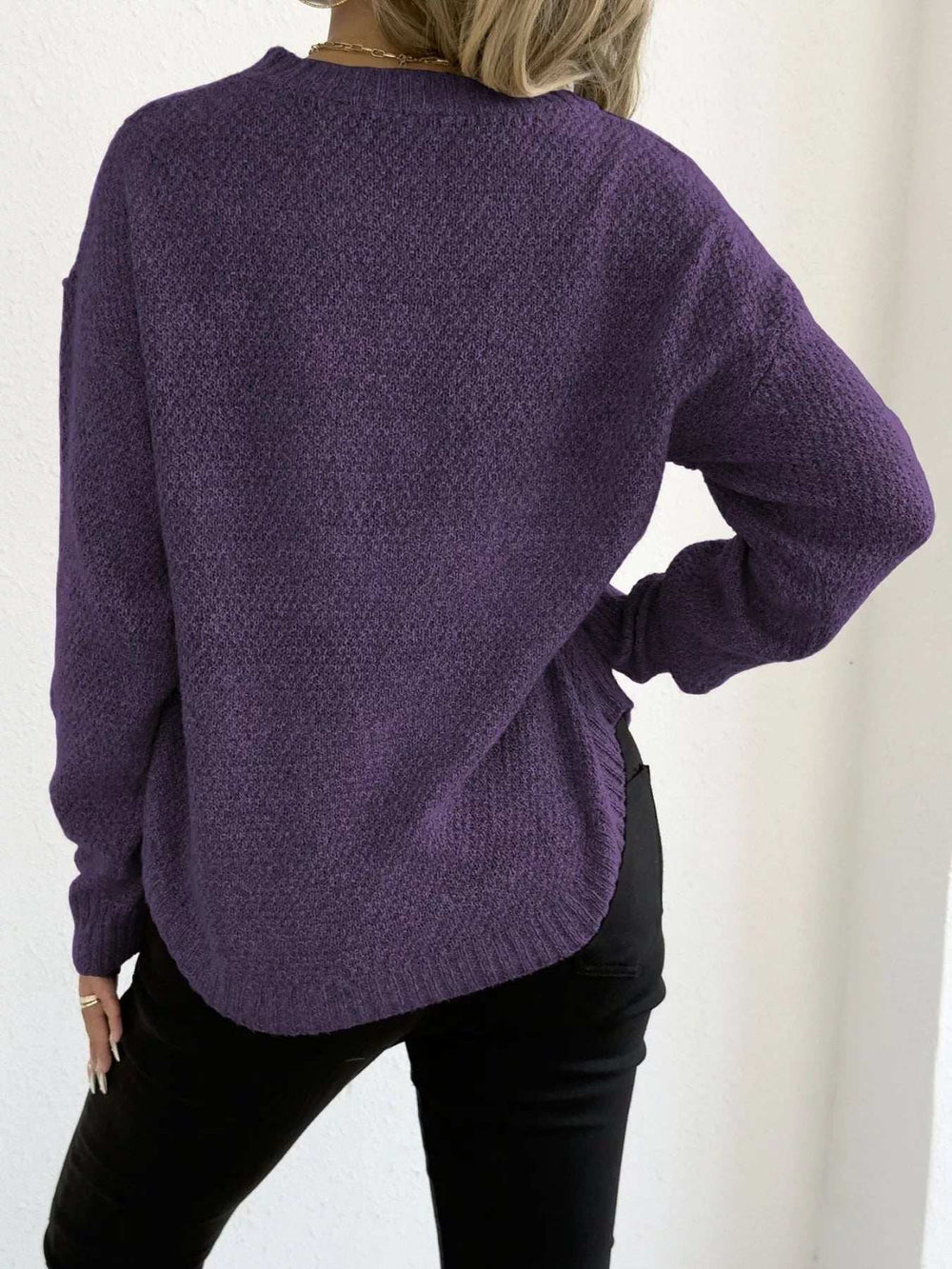 Textured Knit Relaxed Fit Round Neck Sweater - Trendsi - Flyclothing LLC