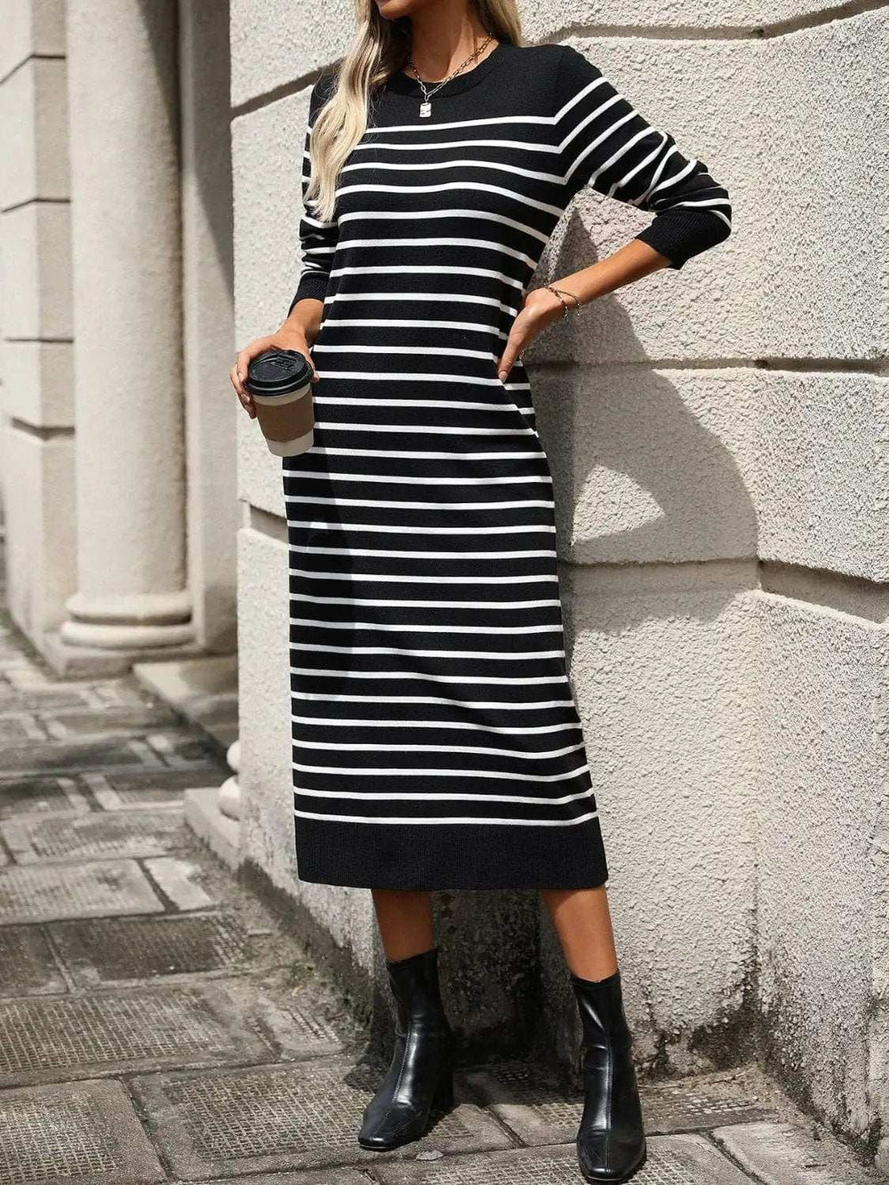 Striped Round Neck Long Sleeve Dress - Trendsi - Flyclothing LLC