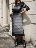 Striped Round Neck Long Sleeve Dress - Trendsi - Flyclothing LLC