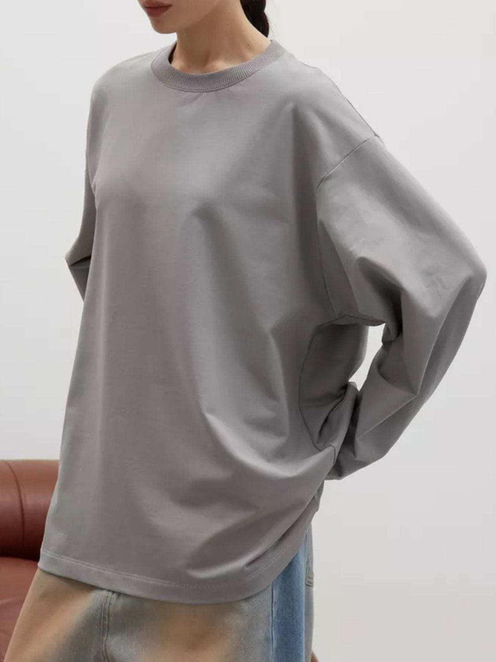 Round Neck Dropped Shoulder Long Sleeve T-Shirt - Trendsi - Flyclothing LLC
