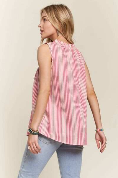 ADORA Contrast Striped Frill Round Neck Sleeveless Top - Trendsi - Flyclothing LLC