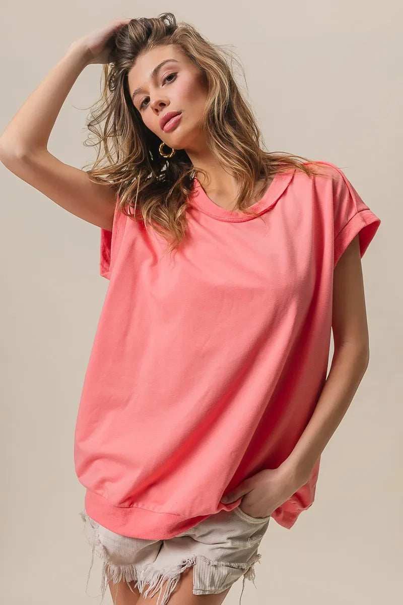 BiBi French Terry Drop Shoulder Basic Top - Trendsi - Flyclothing LLC
