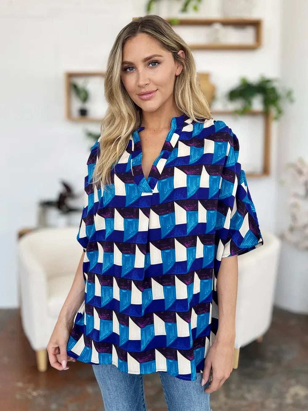 Double Take Full Size Geometric Notched Half Sleeve Blouse - Trendsi - Flyclothing LLC