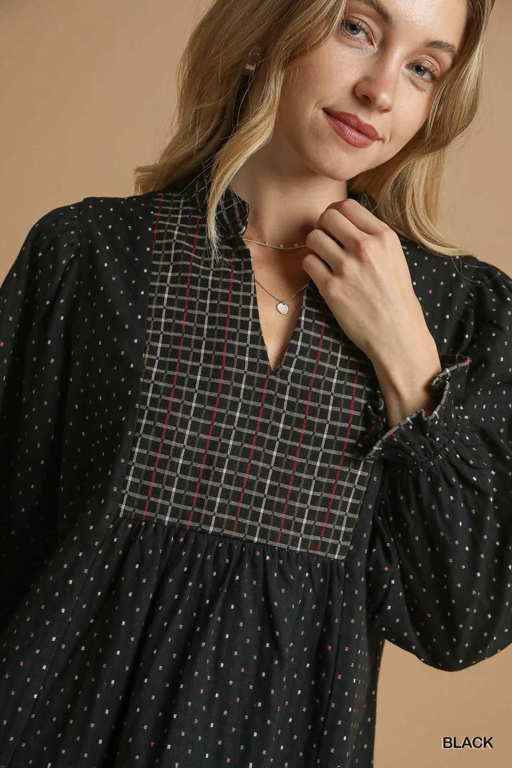 Umgee Polka Dot Plaid Trim Babydoll Dress - Trendsi - Flyclothing LLC