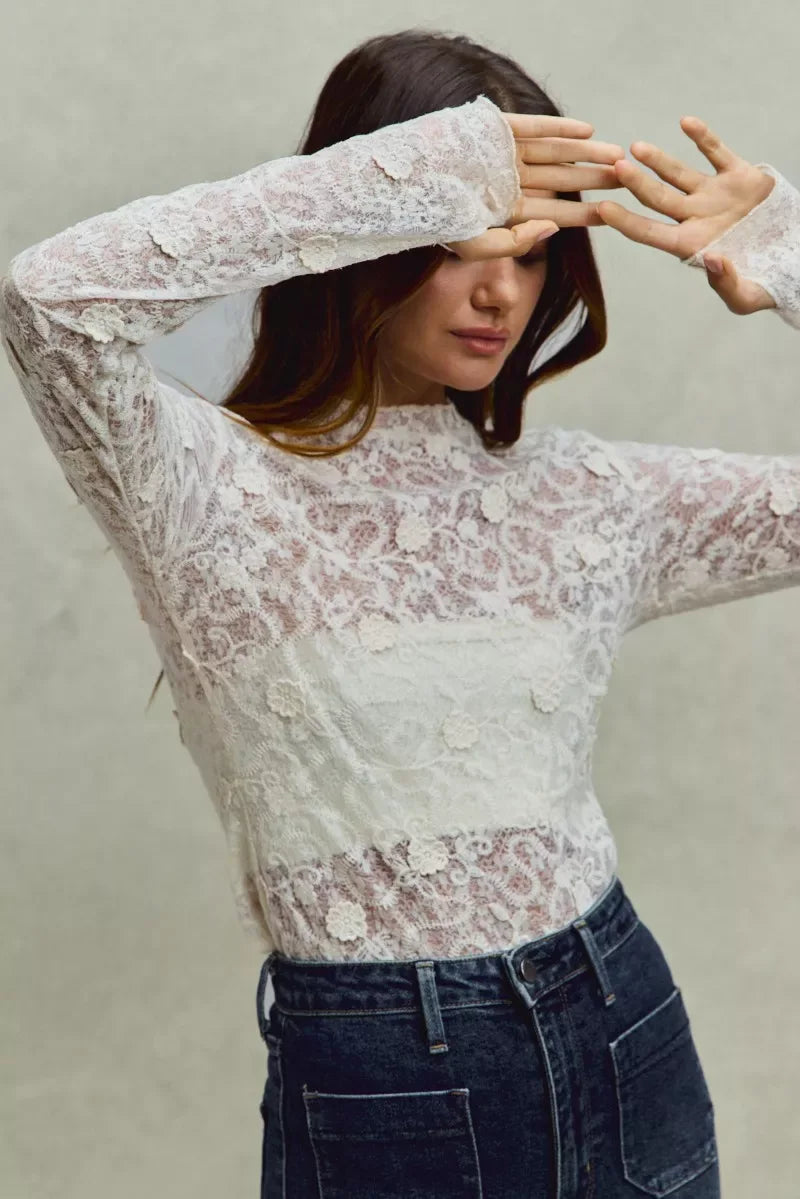 SO ME Lace Long Sleeve 3d Effect Floral Layering Top - Trendsi - Flyclothing LLC
