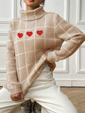 Heart Plaid Turtleneck Long Sleeve Sweater - Trendsi - Flyclothing LLC