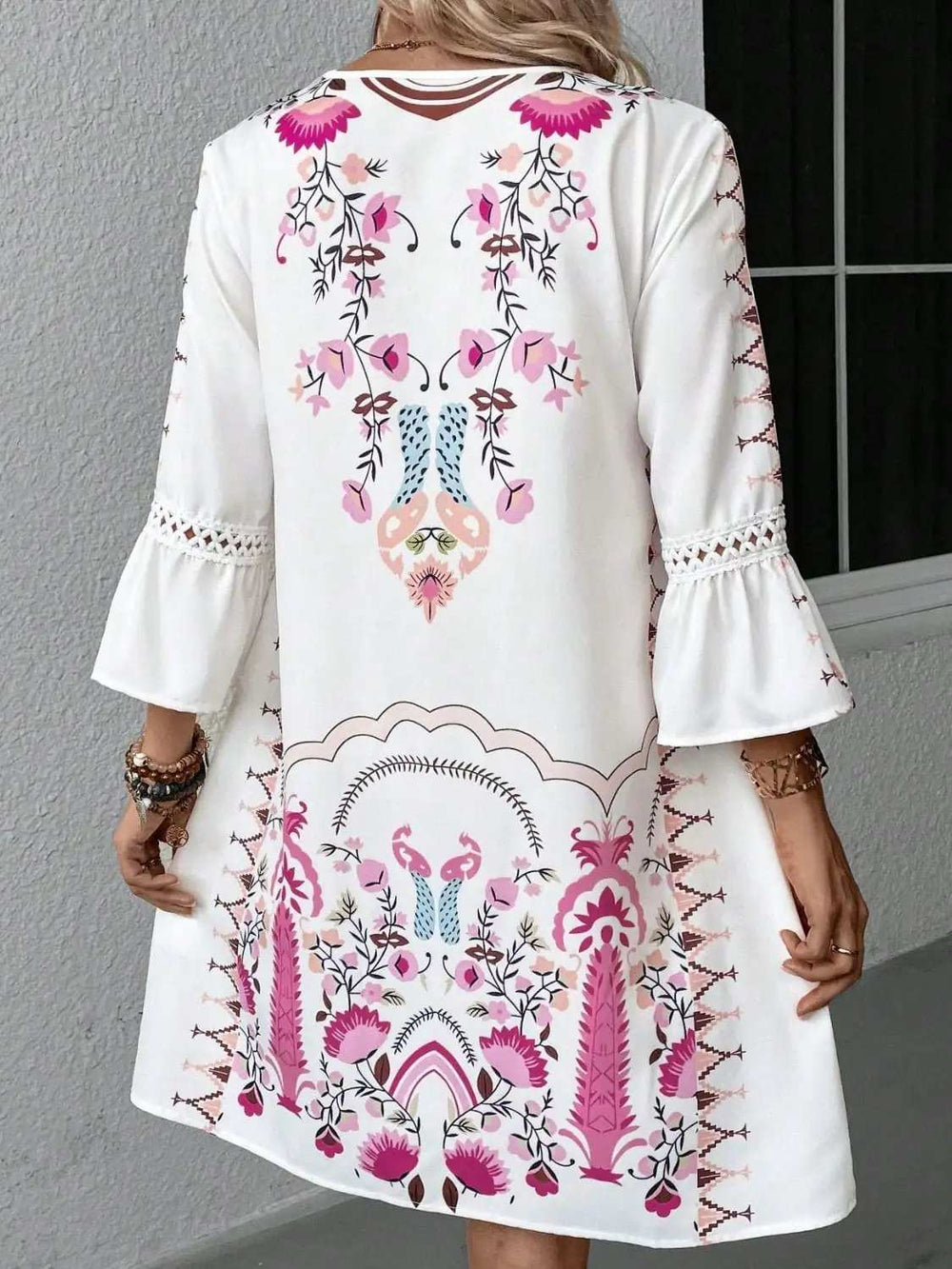 Lace Detail Printed Three-Quarter Sleeve Dress - Trendsi - Flyclothing LLC