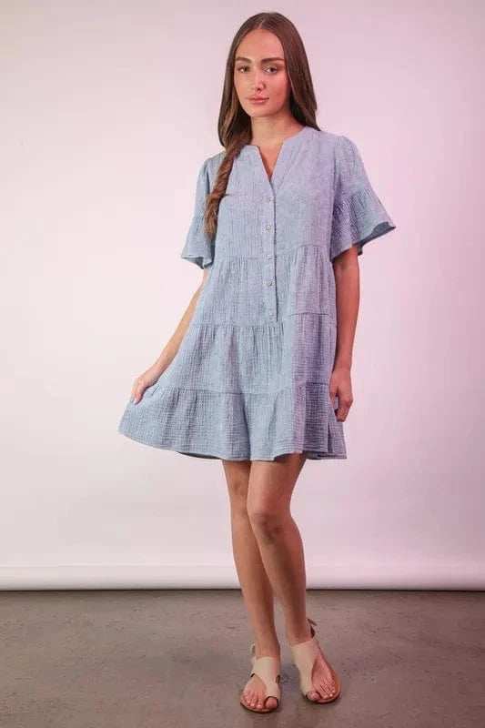 VERY J Mineral Washed Baby Bell Sleeve Woven Mini Dress - Trendsi - Flyclothing LLC