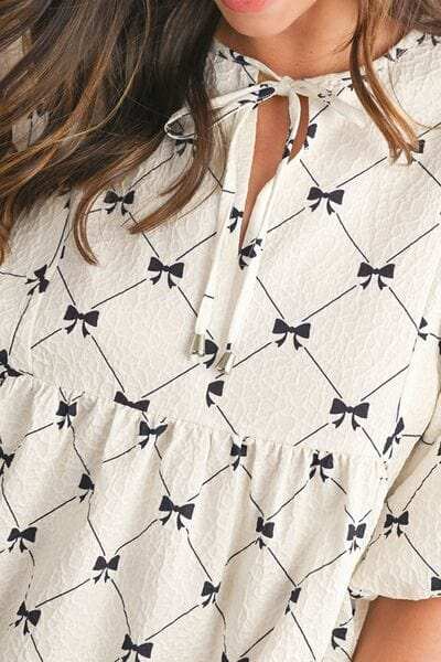 Bow Print Tie Neck Half Sleeve Dress - Trendsi - Flyclothing LLC