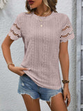 Full Size Eyelet Round Neck Short Sleeve Top - Trendsi - Flyclothing LLC