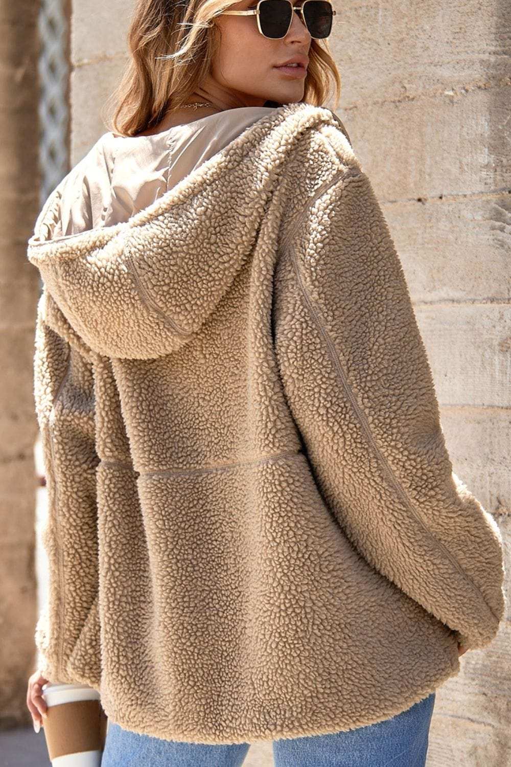 Drawstring Fleece Zip Up Hooded Jacket - Trendsi - Flyclothing LLC