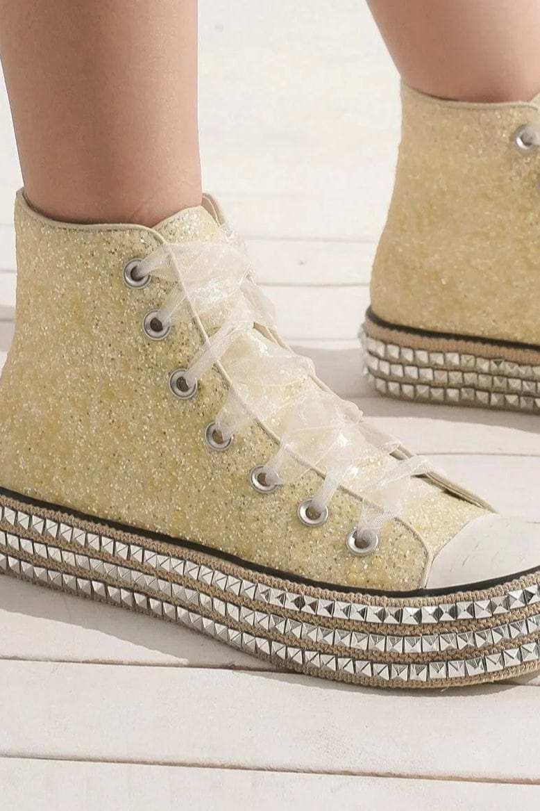 Beast Fashion Glitter Lace-Up Studded Platform Sneakers - Trendsi - Flyclothing LLC