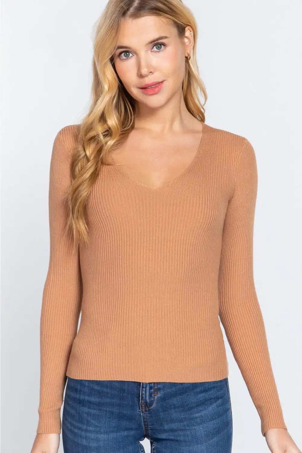 ACTIVE BASIC V-Neck Fitted Viscose Rib Knit Top - Trendsi - Flyclothing LLC