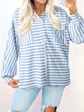 Stripe Half Button Collared Chest Pockets Loose Fit Blouse - Trendsi - Flyclothing LLC