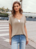 Notched Short Sleeve Knit Top - Trendsi - Flyclothing LLC