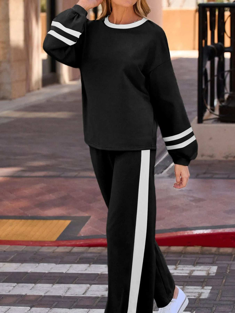 Contrast Trim Round Neck Top and Pants Set - Trendsi - Flyclothing LLC