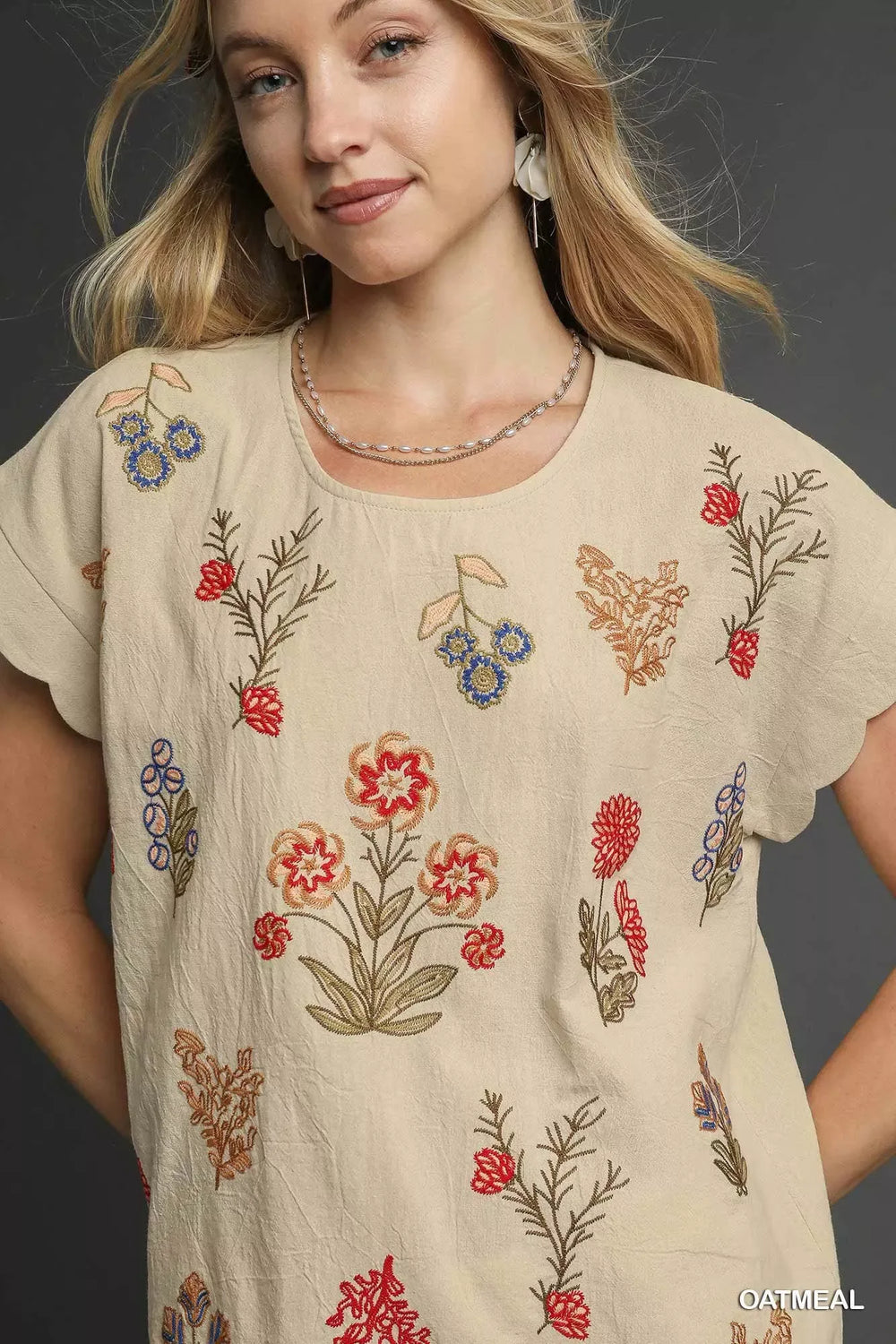 Umgee Embroidered Scallop Sleeve Top with Drawstring Hem - Trendsi - Flyclothing LLC