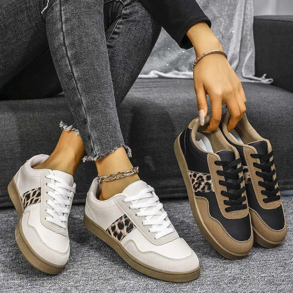 Leopard Lace Up Round Toe Sneakers - Trendsi - Flyclothing LLC