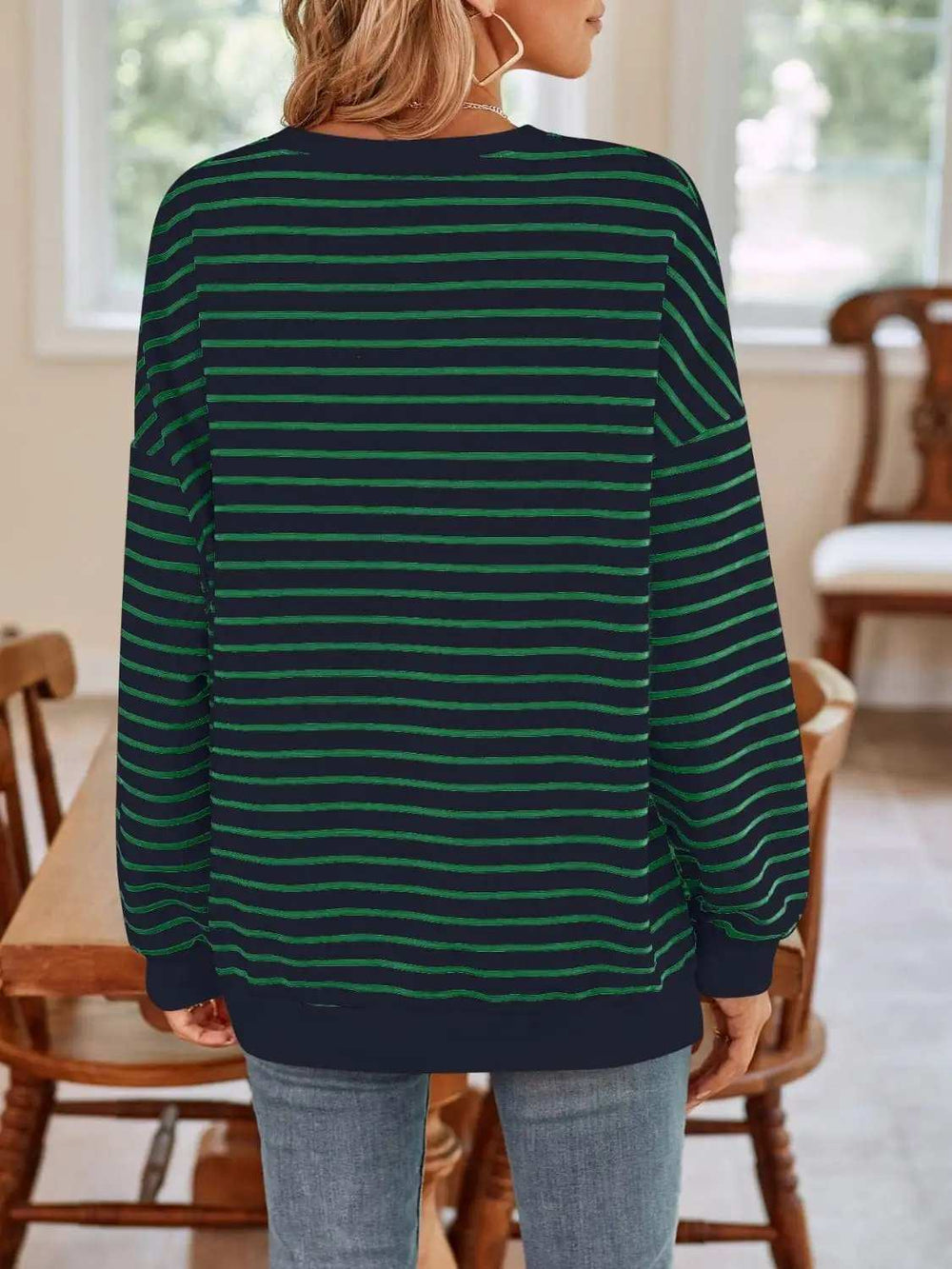 Striped Round Neck Long Sleeve Sweatshirt - Trendsi - Flyclothing LLC