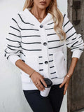 Striped Button Up Long Sleeve Hooded Cardigan - Trendsi - Flyclothing LLC