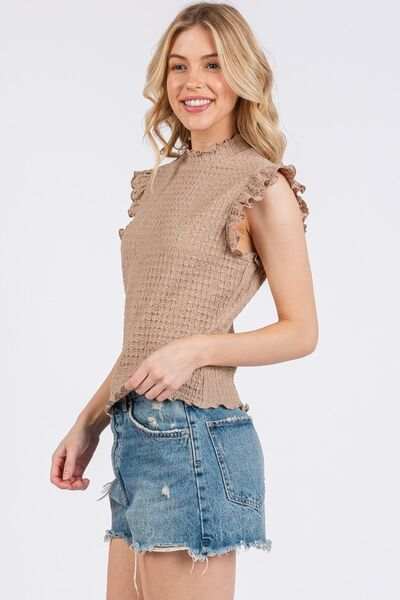 Ces Femme Texture Mock Neck Ruffle Cap Sleeve Blouse - Trendsi - Flyclothing LLC